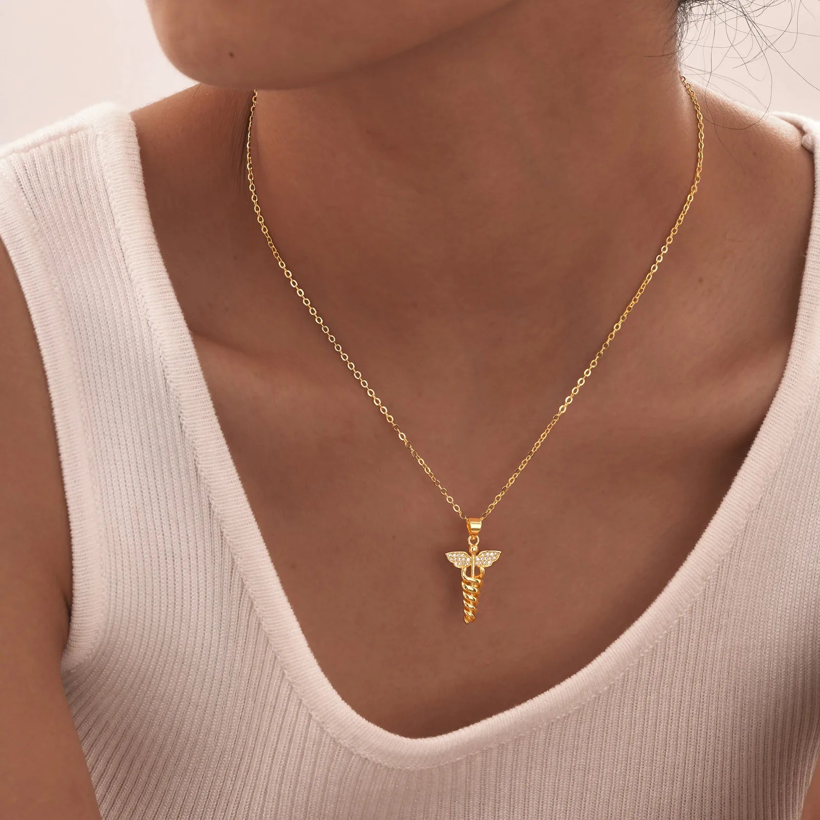 14K Gold Plated Medical Necklace, Medical Aid Symbol Angel Wing Healthcare Necklace, Doctor's Gift