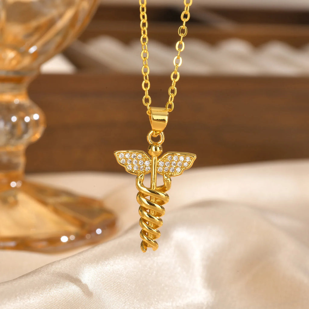 14K Gold Plated Medical Necklace, Medical Aid Symbol Angel Wing Healthcare Necklace, Doctor's Gift