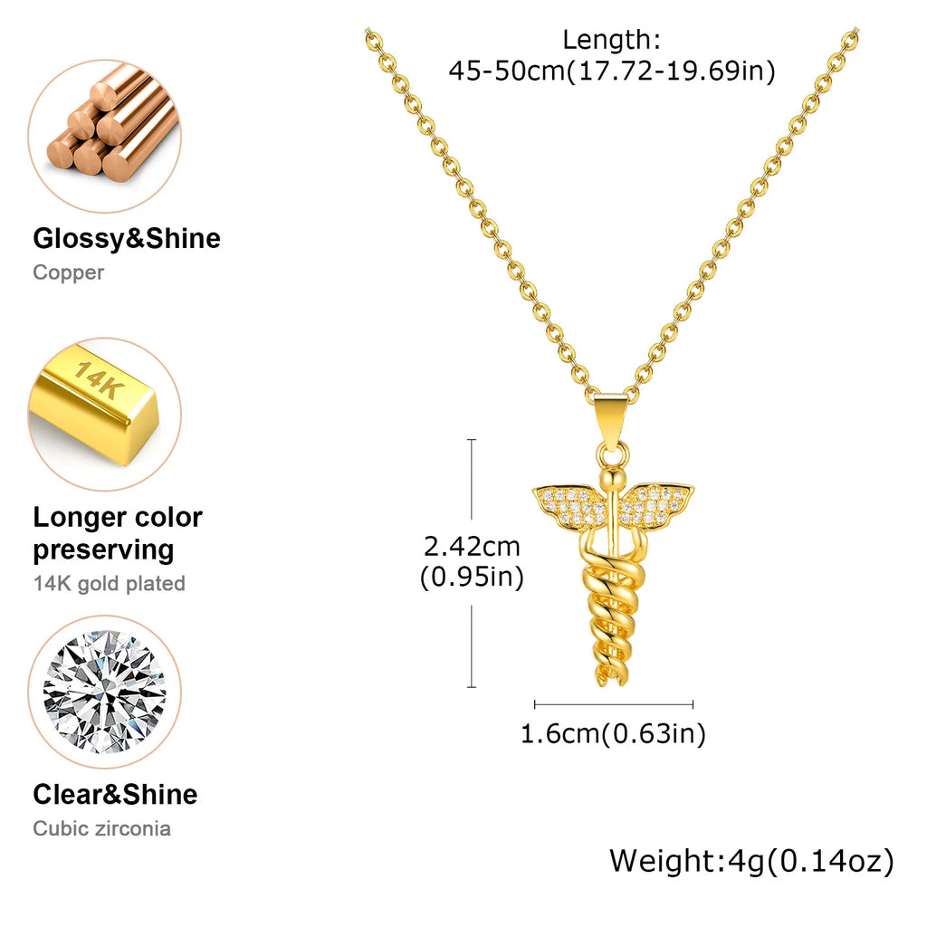 14K Gold Plated Medical Necklace, Medical Aid Symbol Angel Wing Healthcare Necklace, Doctor's Gift