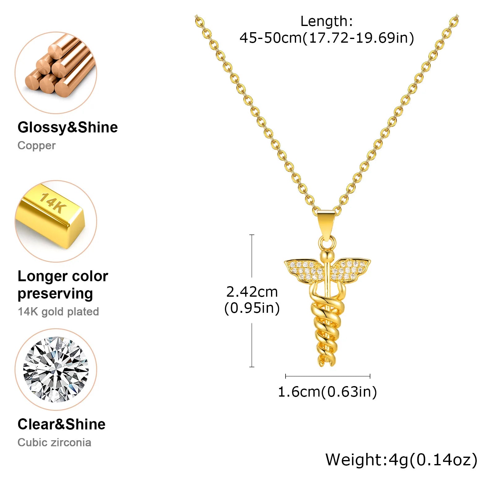 14K Gold Plated Medical Necklace, Medical Aid Symbol Angel Wing Healthcare Necklace, Doctor's Gift