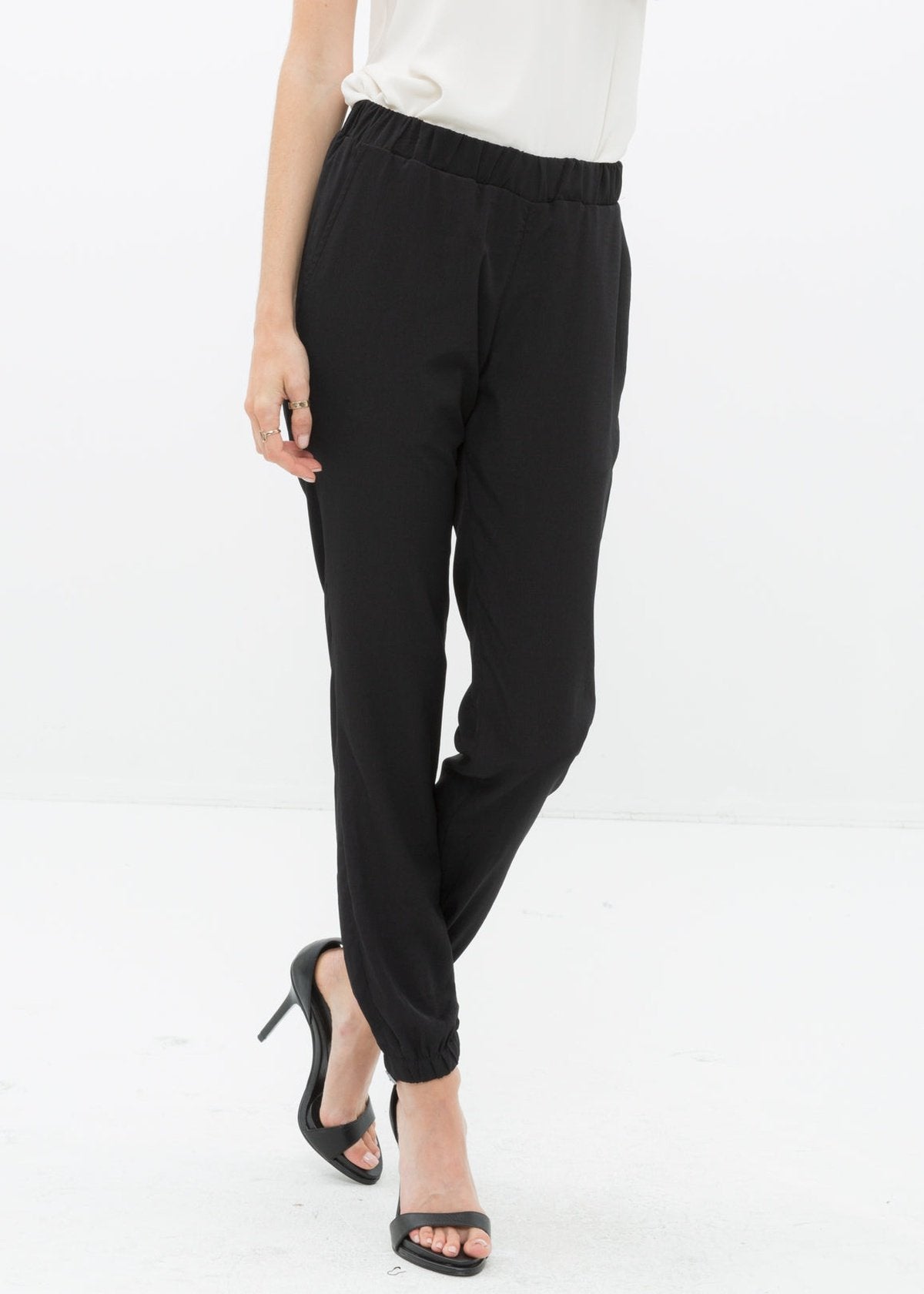 Women's Ankle Cuffed Black Crepe Pants In Black-1
