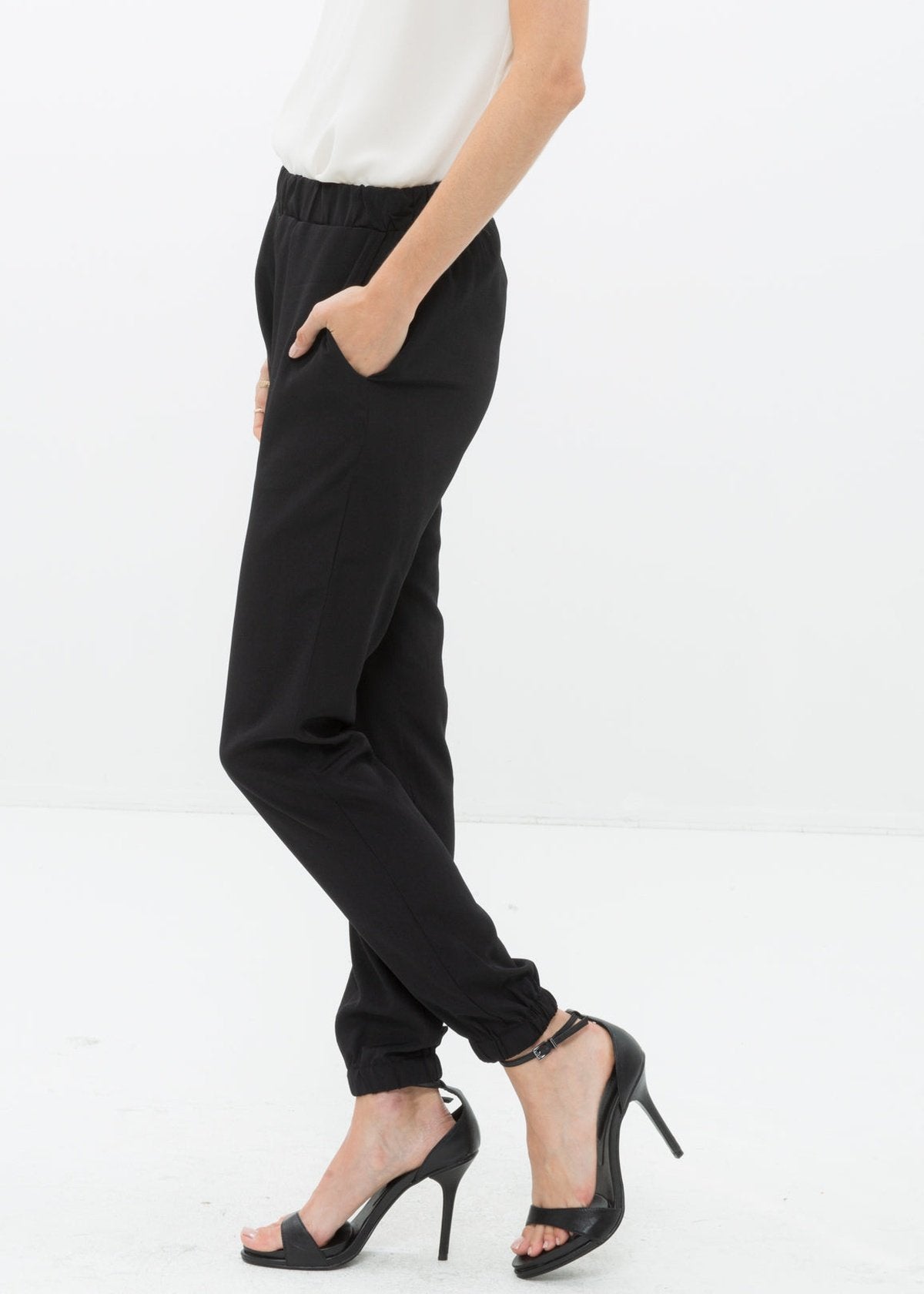 Women's Ankle Cuffed Black Crepe Pants In Black-2