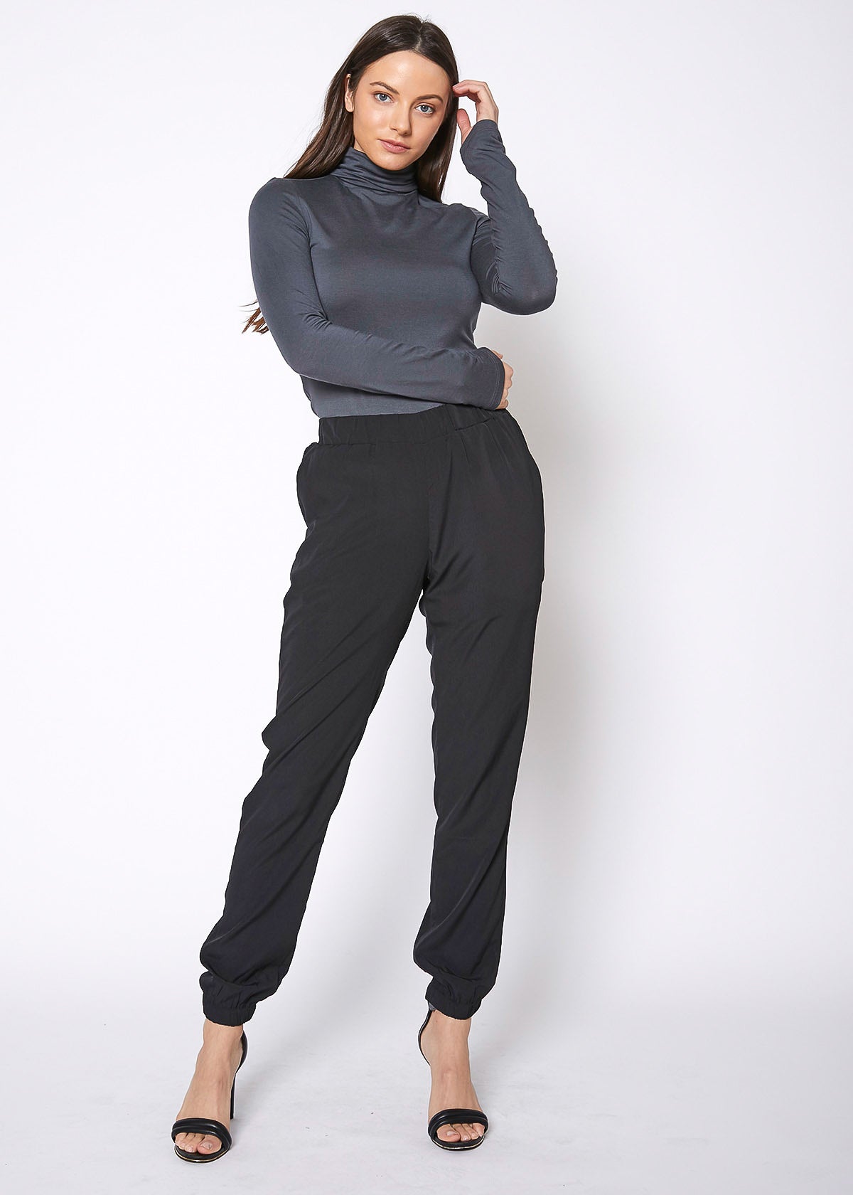 Women's Ankle Cuffed Black Crepe Pants In Black-4