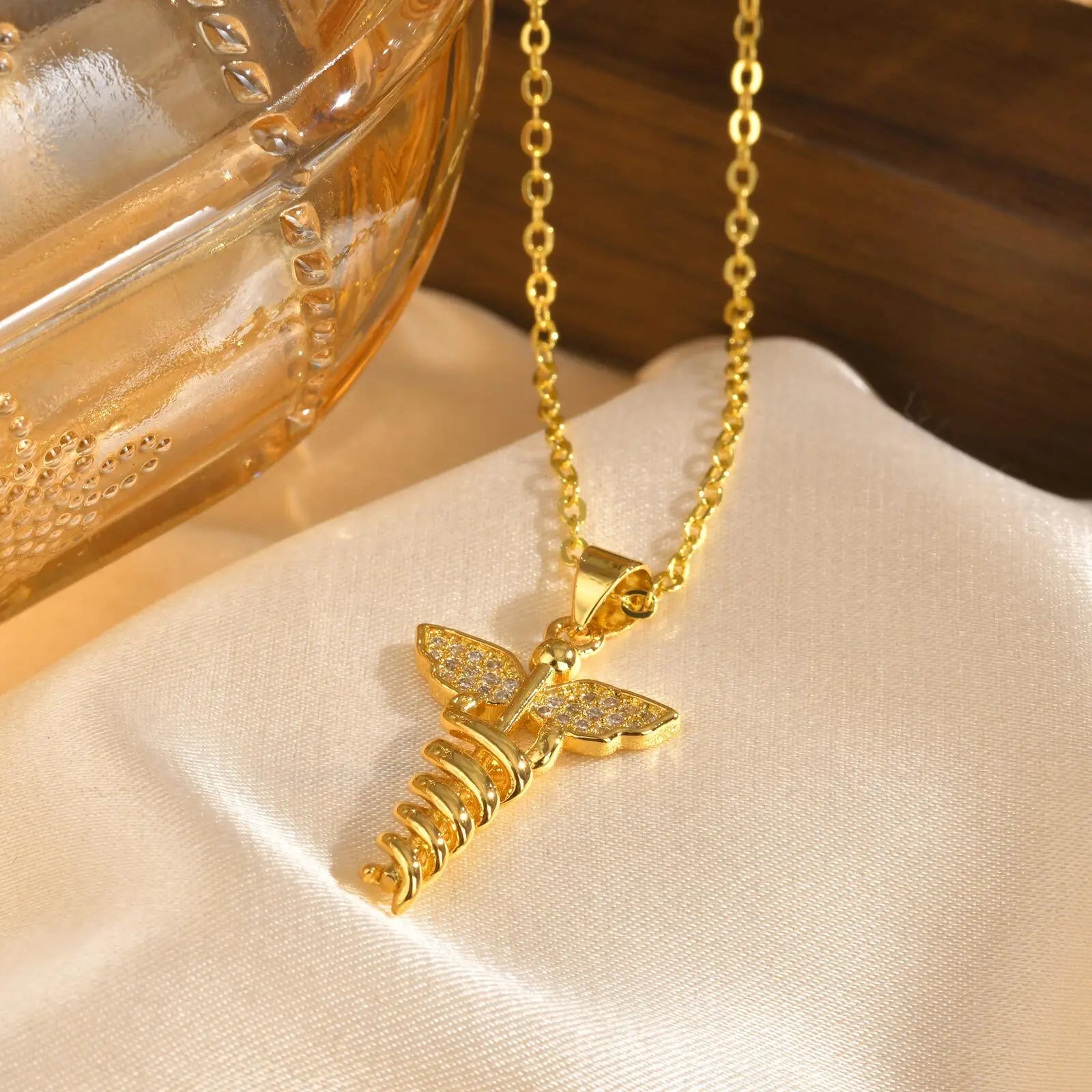 14K Gold Plated Medical Necklace, Medical Aid Symbol Angel Wing Healthcare Necklace, Doctor's Gift