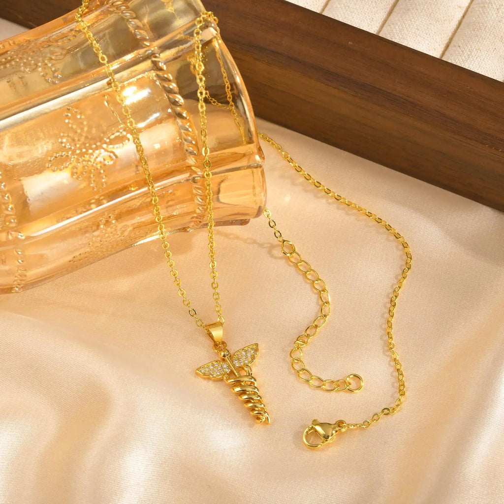 14K Gold Plated Medical Necklace, Medical Aid Symbol Angel Wing Healthcare Necklace, Doctor's Gift